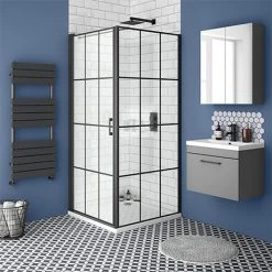 Arezzo 800 x 800 Matt Black Grid Frameless Pivot Door Shower Enclosure + Tray