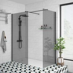 Arezzo Matt Black 1400 x 900 Grey Tinted Glass Wet Room (inc. Screen, Side Panel + Tray)