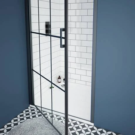 Arezzo 800mm Matt Black Grid Frameless Pivot Shower Door + Tray for Recess 2 Arezzo 800mm Matt Black Grid Frameless Pivot Shower Door + Tray for Recess - Image 2