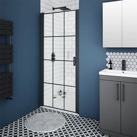 Arezzo 800mm Matt Black Grid Frameless Pivot Shower Door + Tray for Recess 1 Arezzo 800mm Matt Black Grid Frameless Pivot Shower Door + Tray for Recess