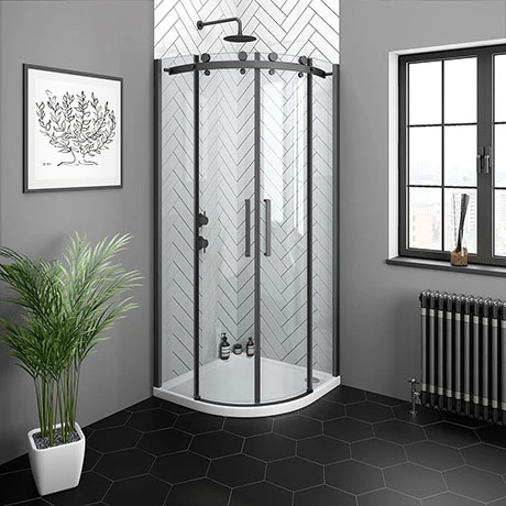 Arezzo Matt Black 800 x 800mm Frameless Quadrant Shower Enclosure 1 Arezzo Matt Black 800 x 800mm Frameless Quadrant Shower Enclosure