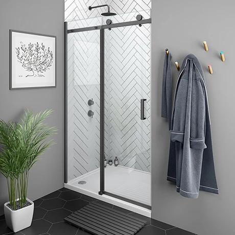 Arezzo Matt Black 1400mm Frameless Sliding Shower Door 1 Arezzo Matt Black 1400mm Frameless Sliding Shower Door