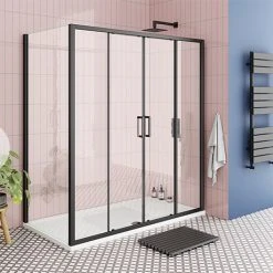 Toreno Matt Black 1700 x 800mm Double Sliding Door Shower Enclosure + Pearlstone Tray