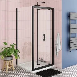 Toreno Matt Black 760 x 760mm Bi-Fold Door Shower Enclosure + Pearlstone Tray