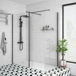 Arezzo 1950mm Matt Black Profile Wetroom Screen + Square Support Arm