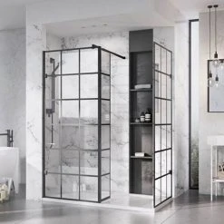 Roman Liberty Black Grid Wetroom Screen + Wall Arm Support - Various Sizes (2000mm High) -Shower Enclosure Ranges Shop GPB757 D2 460