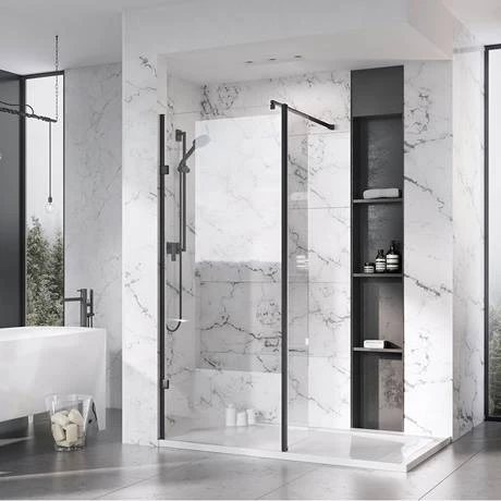 Roman Liberty Black Clear Glass Wetroom Screen + Wall Arm Support - Various Sizes (2000mm High) 2 Roman Liberty Black Clear Glass Wetroom Screen + Wall Arm Support - Various Sizes (2000mm High) - Image 2