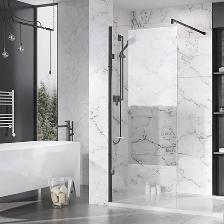 Roman Liberty Black Clear Glass Wetroom Screen + Wall Arm Support - Various Sizes (2000mm High) 1 Roman Liberty Black Clear Glass Wetroom Screen + Wall Arm Support - Various Sizes (2000mm High)