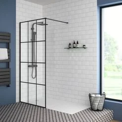 Arezzo 1950mm Matt Black Grid Wetroom Screen + Support Arm -Shower Enclosure Ranges Shop MBG d2 460
