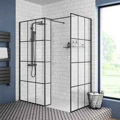 Arezzo 1950mm Matt Black Grid Wetroom Screen + Support Arm