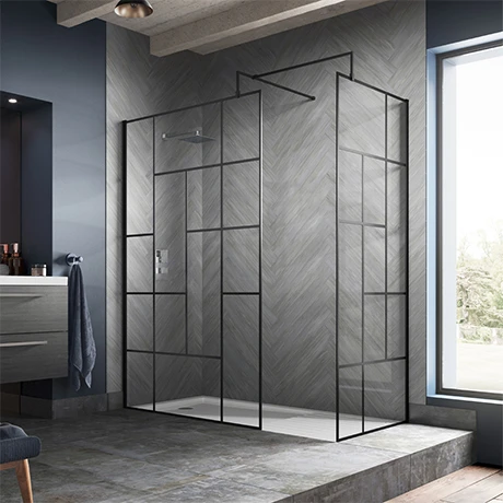 Venice 1400 x 900 Matt Black Abstract Grid Wet Room (incl. Screen, Side Panel + Tray) 1 Venice 1400 x 900 Matt Black Abstract Grid Wet Room (incl. Screen, Side Panel + Tray)